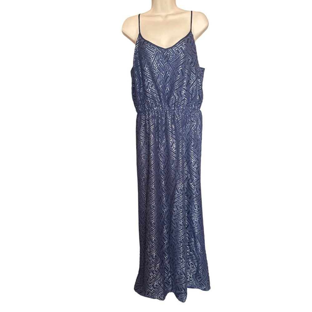Lilly Pulitzer Deanna XL Navy Maxi Dress Metallic Geometric Pattern Lined Resort